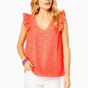 NWT Lilly Pulitzer Eyelet Top, Spicy Coral Neon Sunburst Eyelet